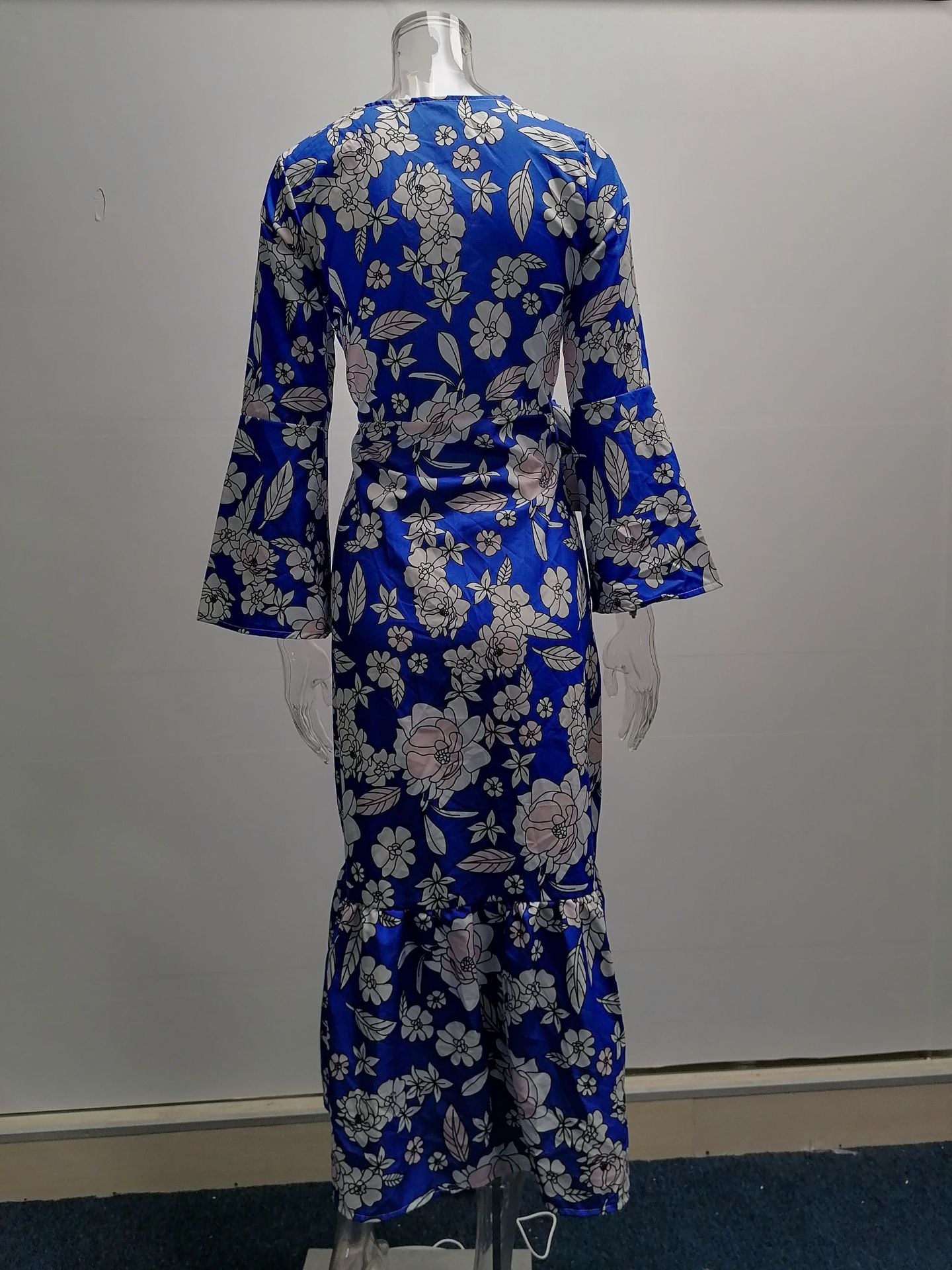 Autumn Winter Long Sleeve Tied V-neck Printed Dress Women Clothing Plus Size