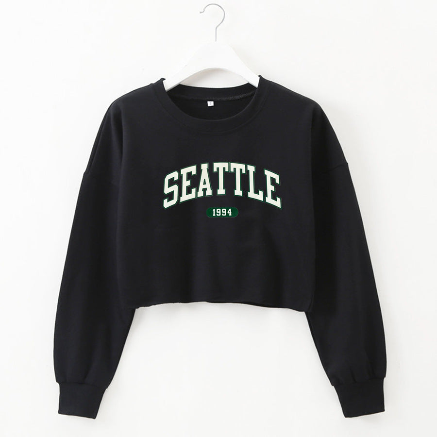 Women Clothing Autumn Winter Seattle Letter Graphic Printing Short Loose Long Sleeves Sweatshirt
