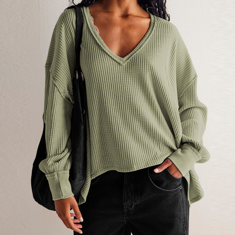 V neck Brand Casual Waffle off the Shoulder Sleeves Sweater Sports Idle Loose Autumn Winter Coat