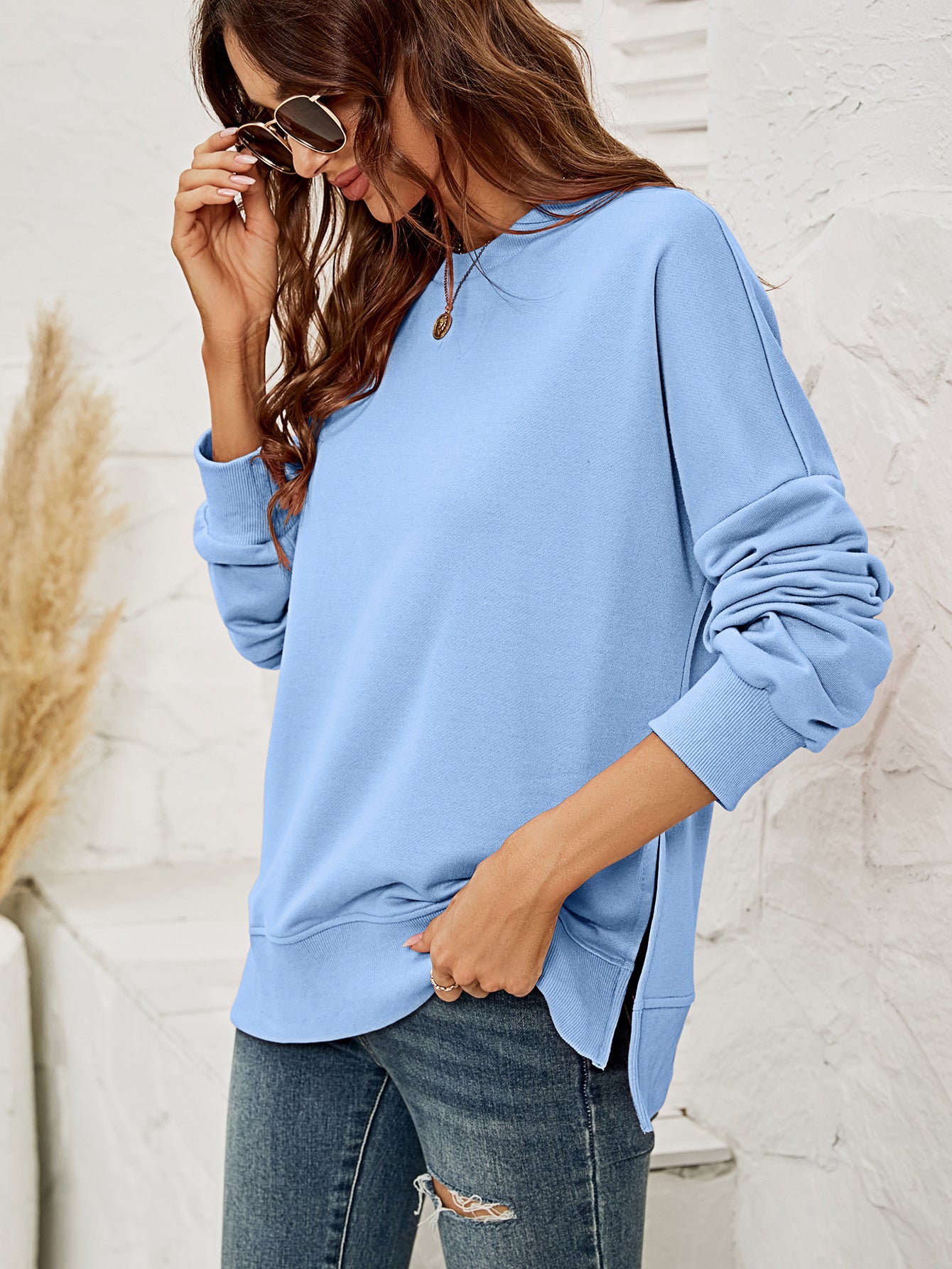 Women Clothing Autumn Winter Sweatshirt round Neck Long Sleeve Split Pullover for Women