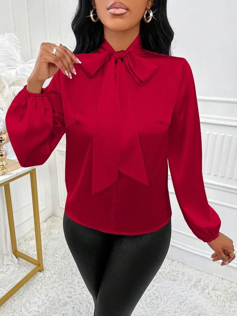 Women Clothing Autumn Satin Shirt Bow Long Sleeve Top