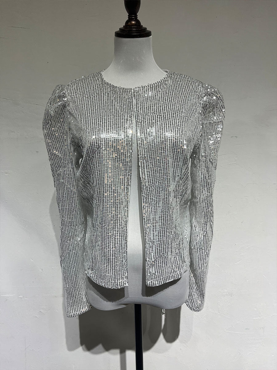 Women Autumn Round Neck Long Sleeve Solid Color Cardigan Casual All Match Sequin Coat