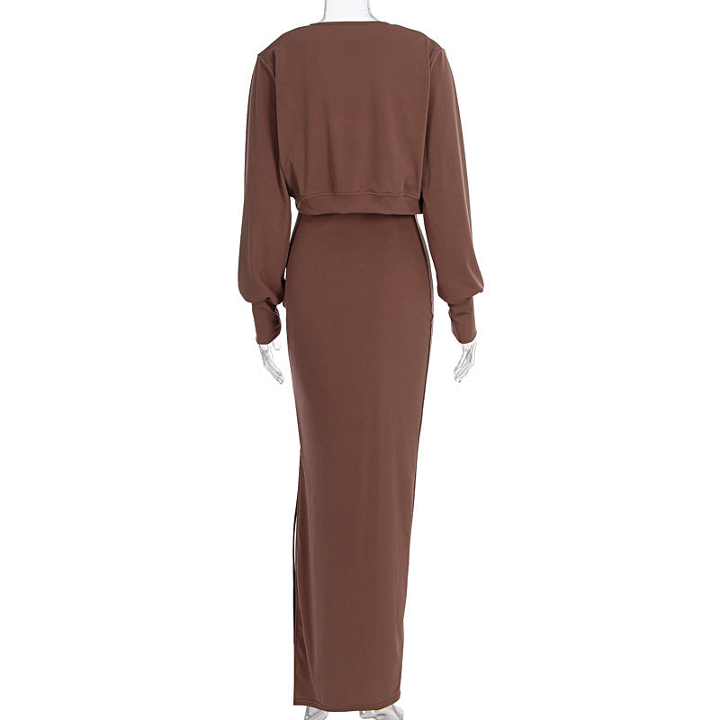 Women Autumn Long Sleeve Top Sexy Pure Want Sheath Dress Two Piece Sets