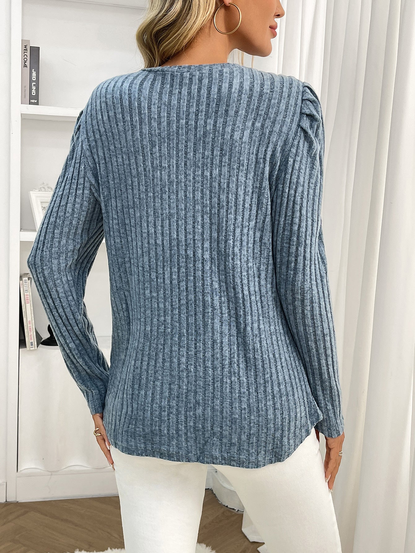 Arrival Women round Neck Puff Sleeve Brushed Sunken Stripe Solid Color Upper Clothes Long Sleeves T shirt