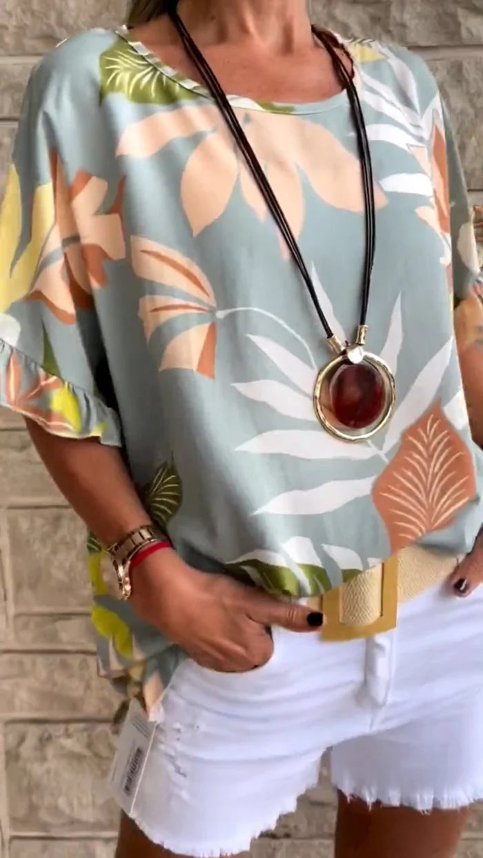 Short Sleeved T shirt Summer Leaf Printed Ruffle Sleeve Short Sleeved T shirt