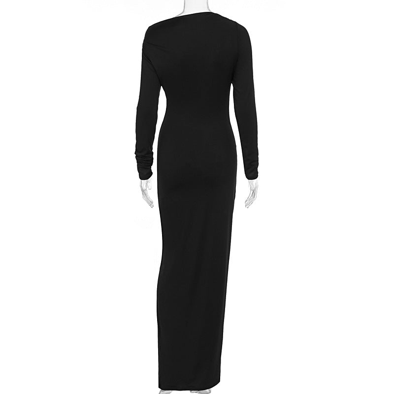 Fall Women Clothing Elegant Solid Color Long Sleeve Diagonal Collar Bow Ruffle Hip Dress
