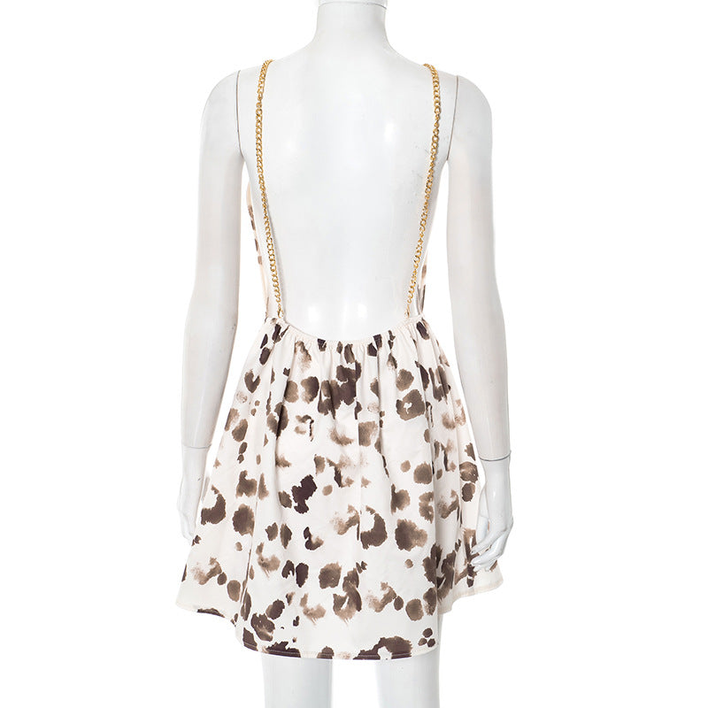 Summer Irregular Asymmetric Pattern Print Halter Backless Slip Dress