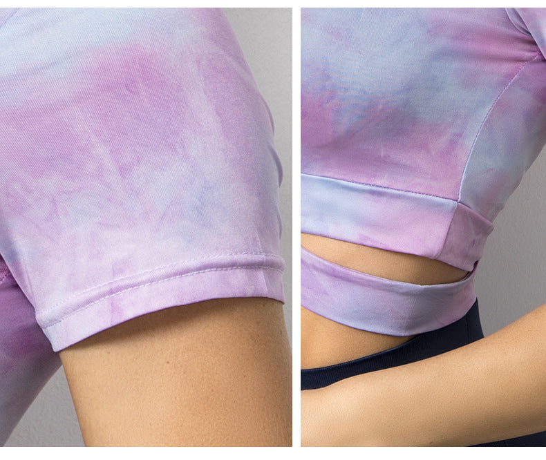 Tie Dye Printing Quick-Drying Yoga Clothes plus Size Workout Top Cropped Short Sleeved Sports T shirt 1