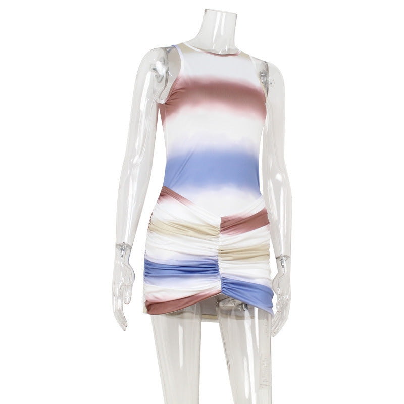 Summer Sleeveless Tie Dyed Contrast Color Slim Fit Figure Dress Hip Wrapped