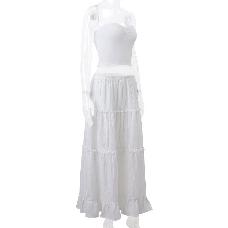 Fashionable French Sweet Sexy Two Piece Suit Summer Women Off Shoulder Tube Top Skirt No Belt