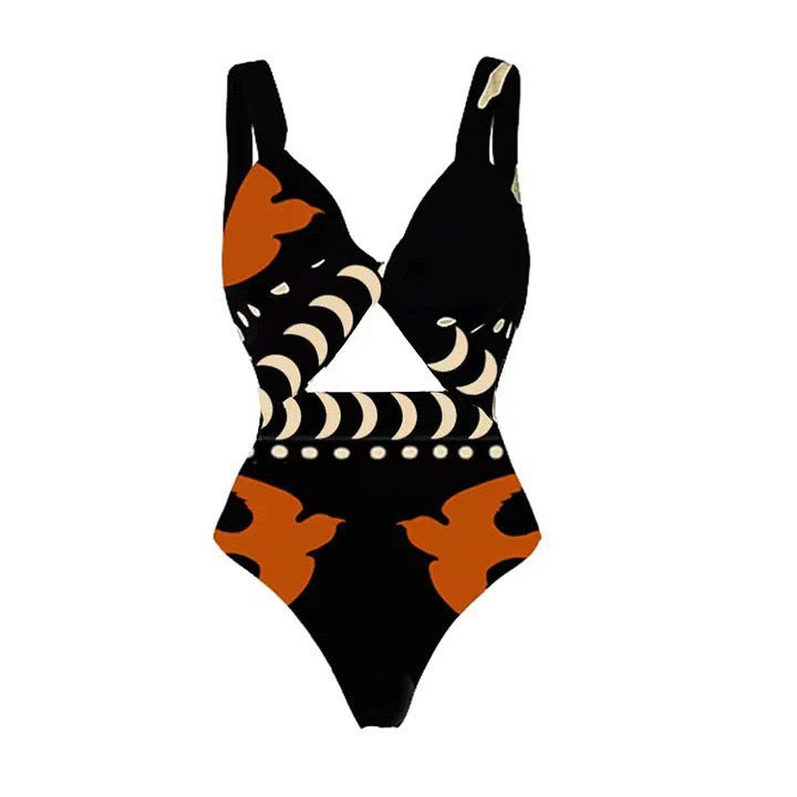 Lonkey Swimwear Retro Printed Mesh Trousers Conservative Swimwear Bikini
