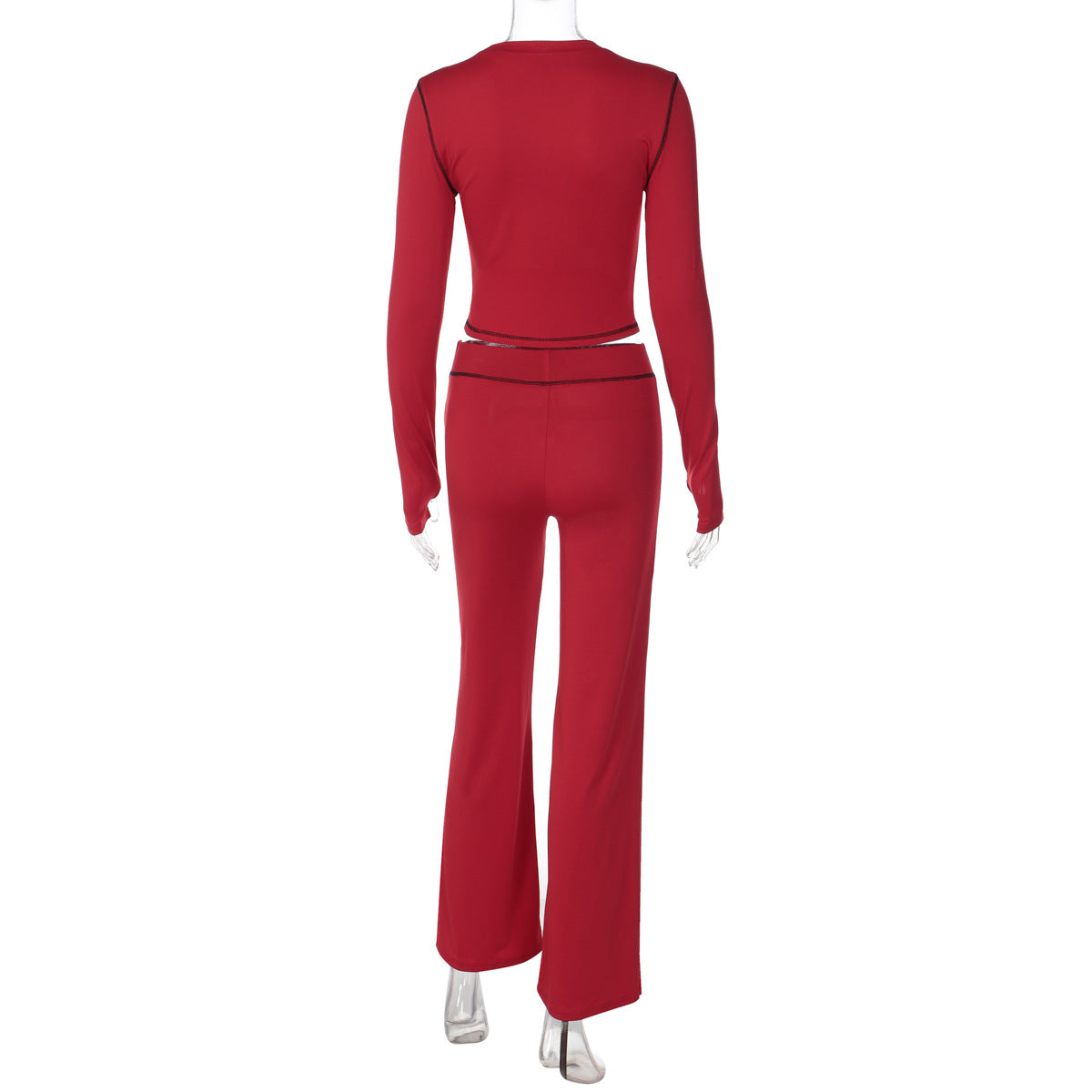 Women Clothing Winter Long Sleeve round Neck Solid Color Slim Fit Reverse Stitching Trousers Two Piece Set