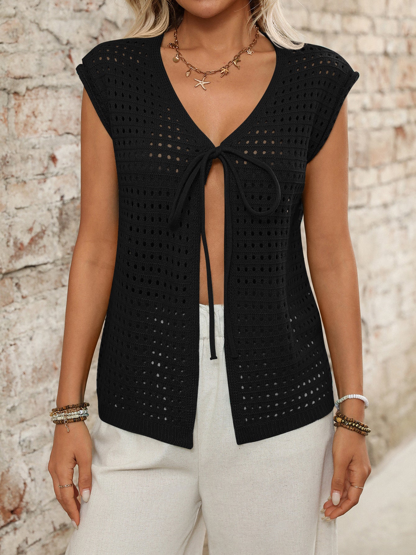 Women Clothing Hollow Out Cutout out Sweater Short Sleeved Knitted Cardigan Holiday Lace up Blouse