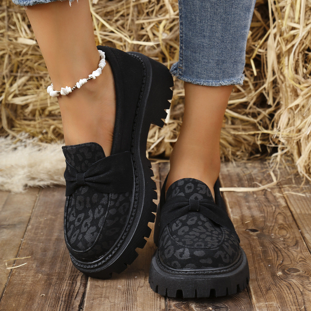 Leopard Print Color Matching Platform Shoes Women Retro Mid Mouth Slip on Loafers