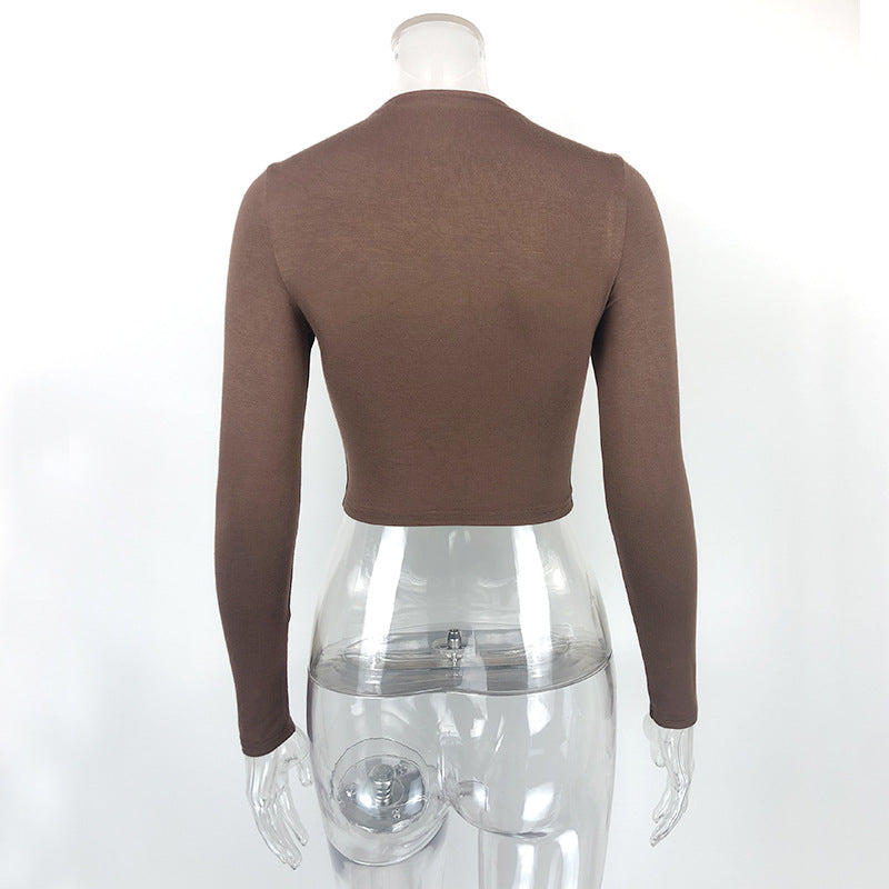 Women Clothing Autumn Solid Color Sexy Tight cropped Long Sleeve Half Turtleneck T shirt Bottoming Shirt