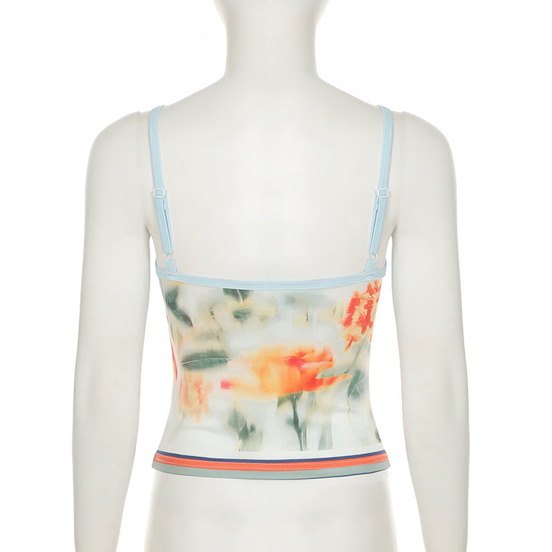 Vacation Skirt Two Piece Retro Sunset Tie Dye Printed Tube Top Dress Sling Mid Length Skirt Set