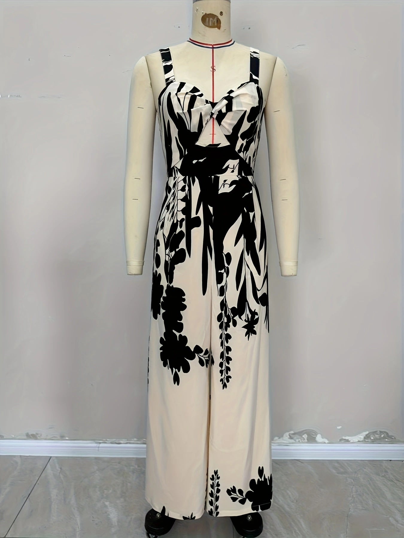 Ethnic Print Smocking Waist Tight Jumpsuit Twist Design Casual Vacation Women Jumpsuit