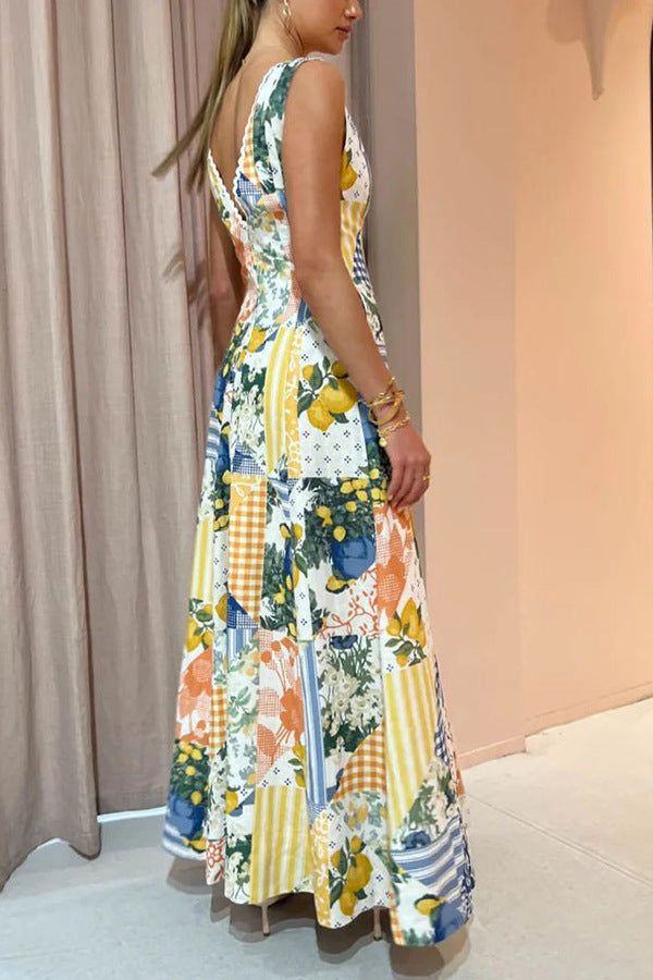 Summer Casual Women Printed Wear Sleeveless Large V-neck Large Swing Dress Amplified craft