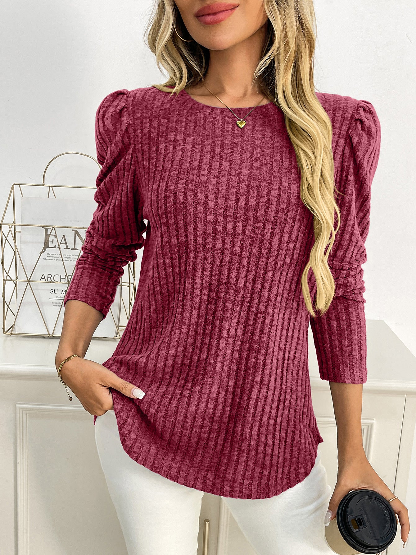 Arrival Women round Neck Puff Sleeve Brushed Sunken Stripe Solid Color Upper Clothes Long Sleeves T shirt