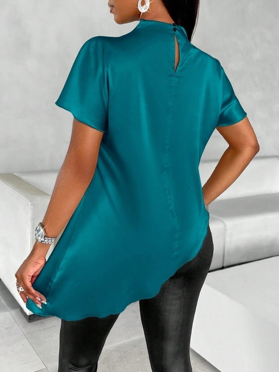 Satin Shirt Autumn Winter Batwing Sleeve Asymmetric Hem Shirt Top