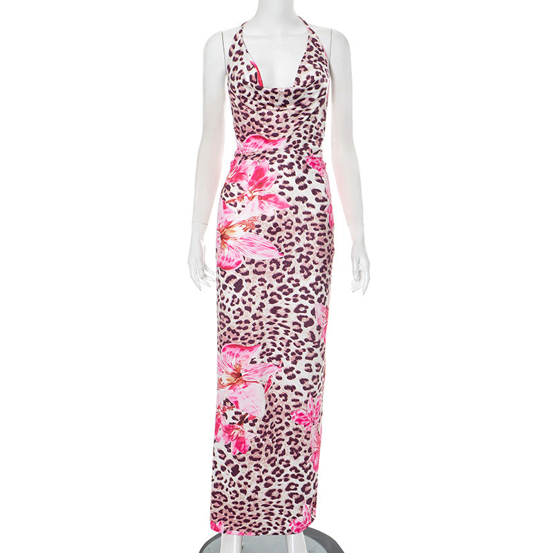 Women Clothing Dignified Floral Leopard Print Swing Collar Backless Rope Skinny Maxi Dress