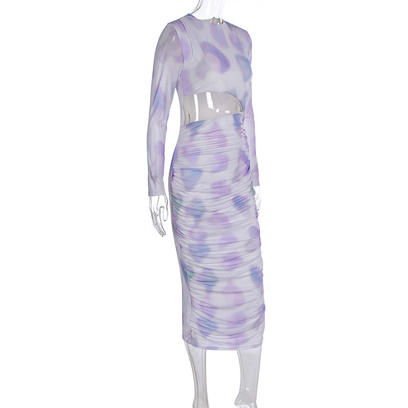 Women Clothing Autumn Winter Personalized Printing Gradient Color Hollow Out Cutout Long Sleeve Dress Women