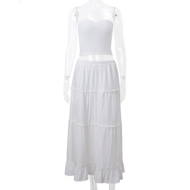 Fashionable French Sweet Sexy Two Piece Suit Summer Women Off Shoulder Tube Top Skirt No Belt