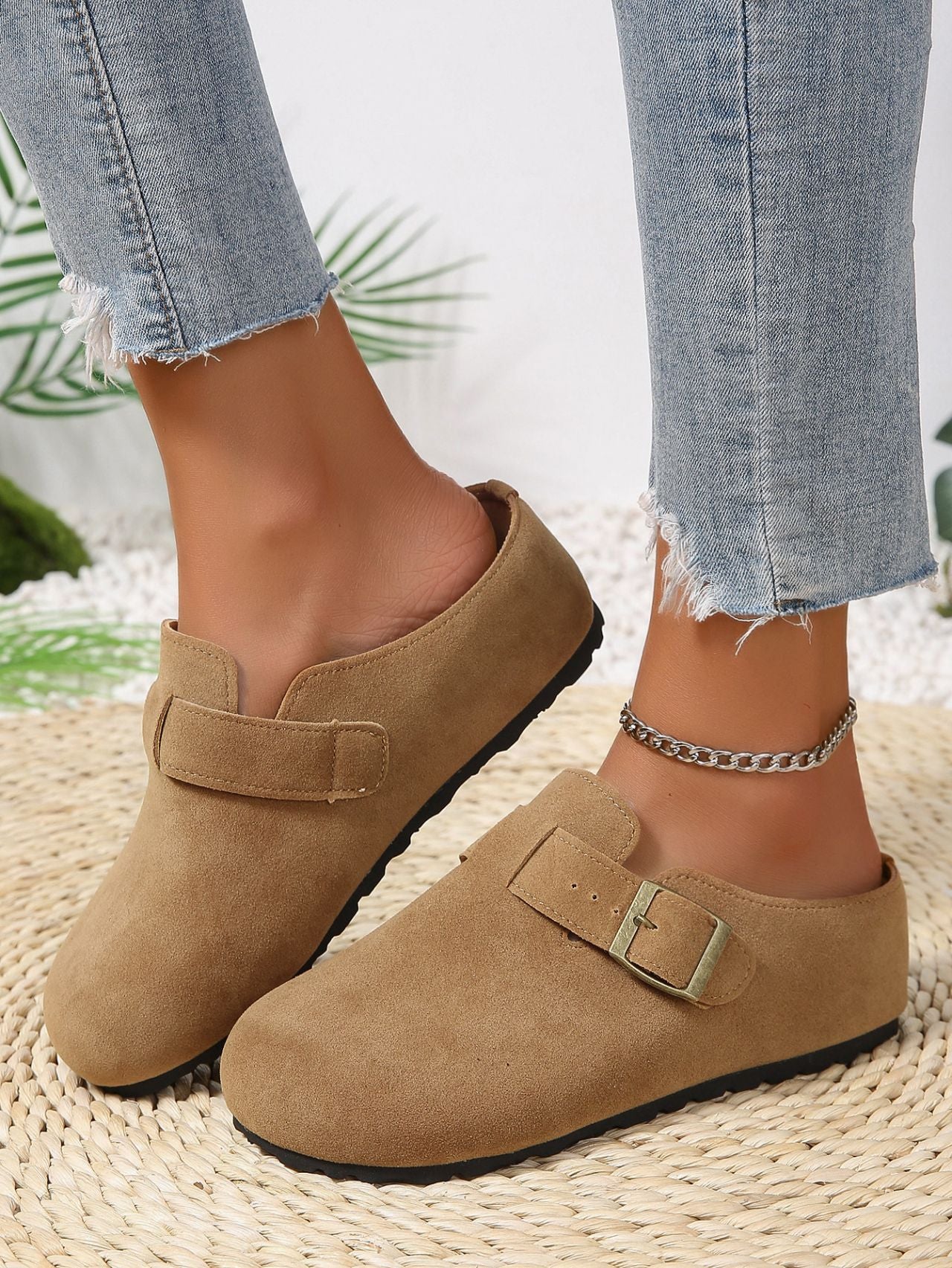 Belt Buckle Closed Toe Birkenstock Half Slippers Women Outer Wear French Slip on Thick Bottom Back Open Shoes