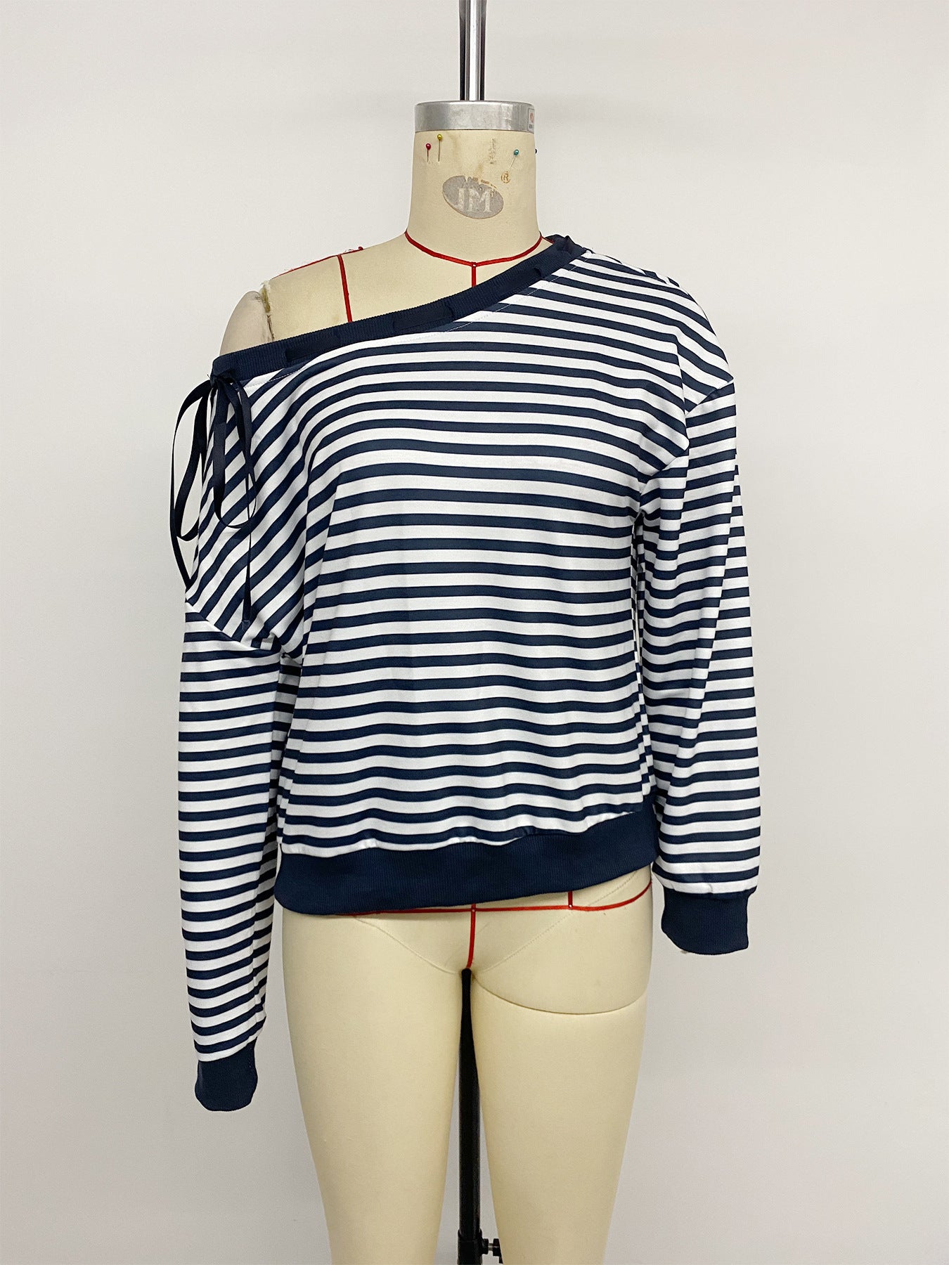 Autumn Casual Laid-Back One-Shoulder Cold Shoulder Classic Striped Sweater for Women