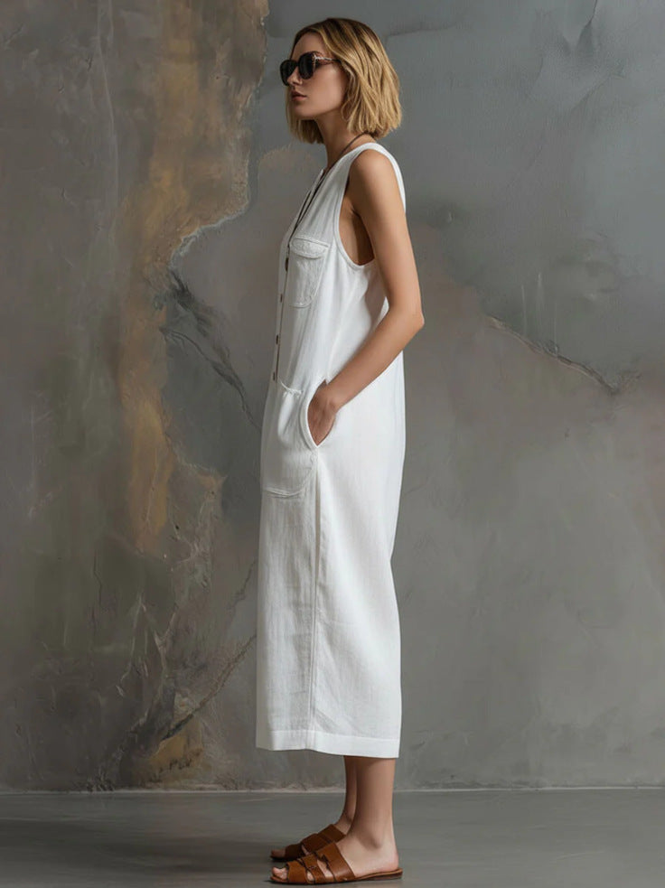 Spring Summer Casual Retro Sleeveless White Cotton Linen Wide Leg Cropped One Piece