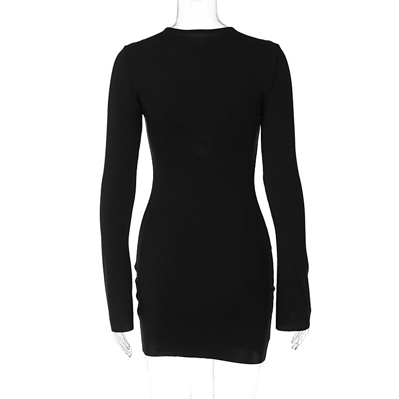 Fall Women Chest Lace up Sexy Low Cut Solid Color Round Neck Long Sleeve Narrow Dress