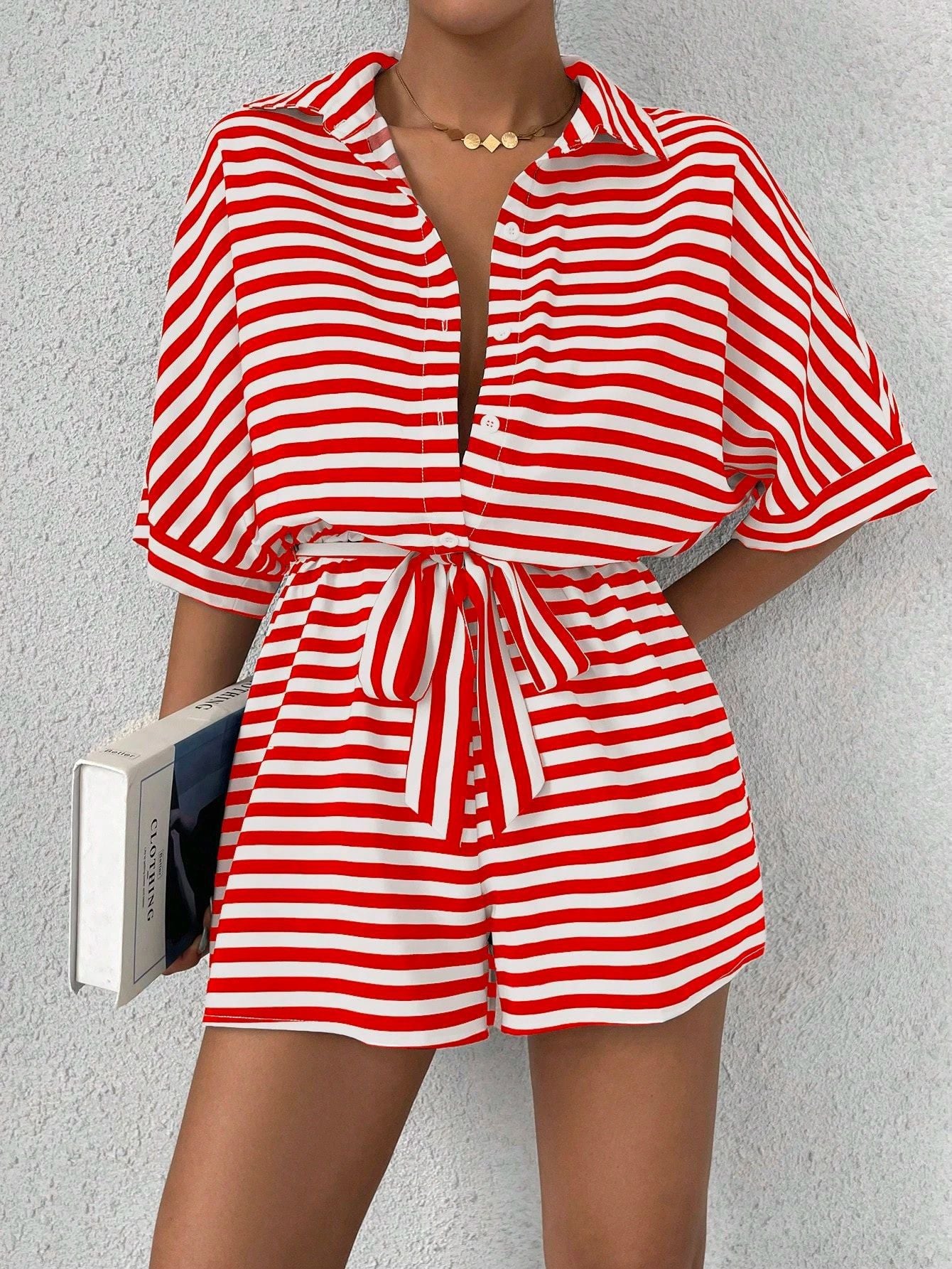 Summer Women Clothing Striped Collared Cardigan Button Half Sleeve Shorts Jumpsuit
