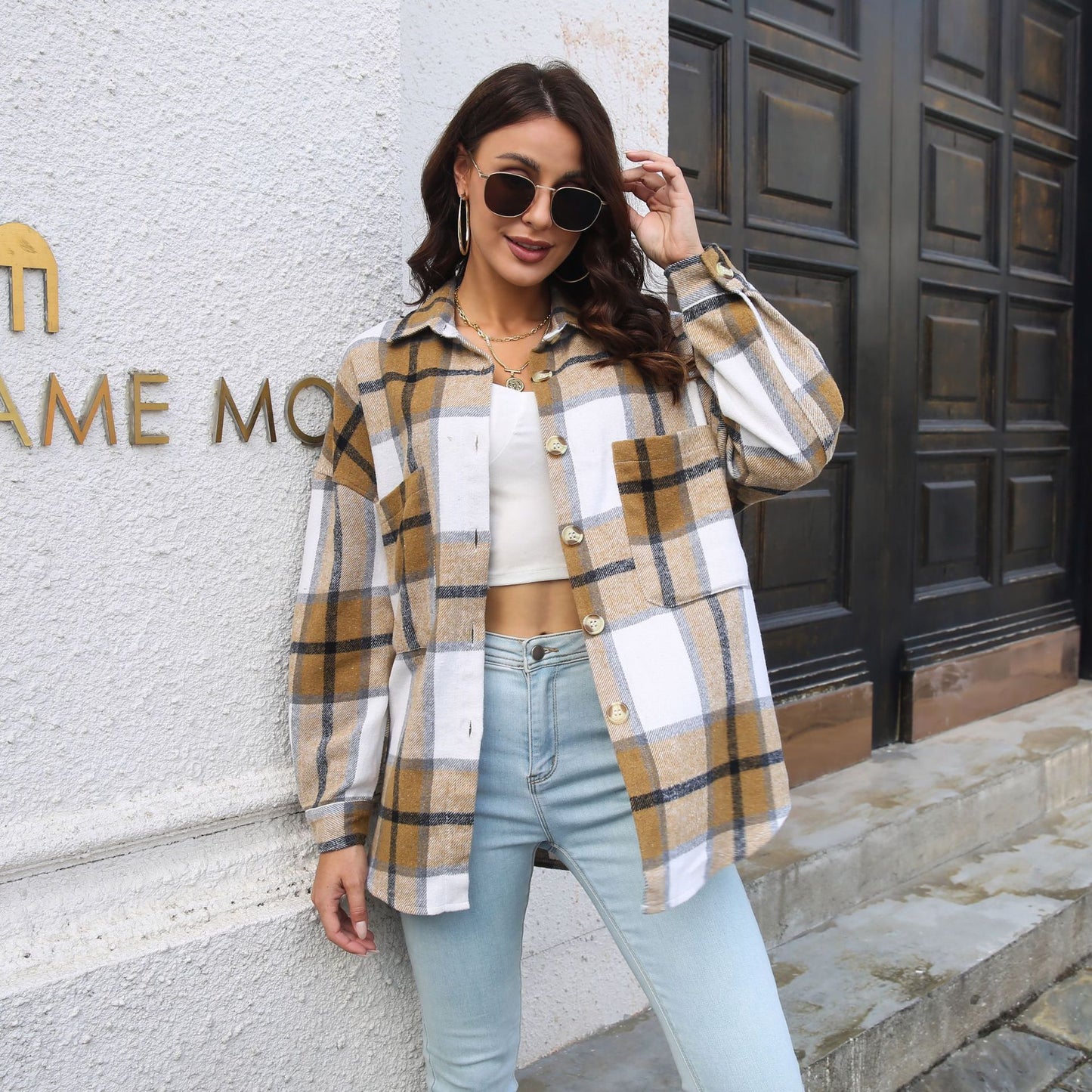 Plaid Coat Women Long Sleeve Mid Length Woolen Shacket Autumn Winter Women Clothing
