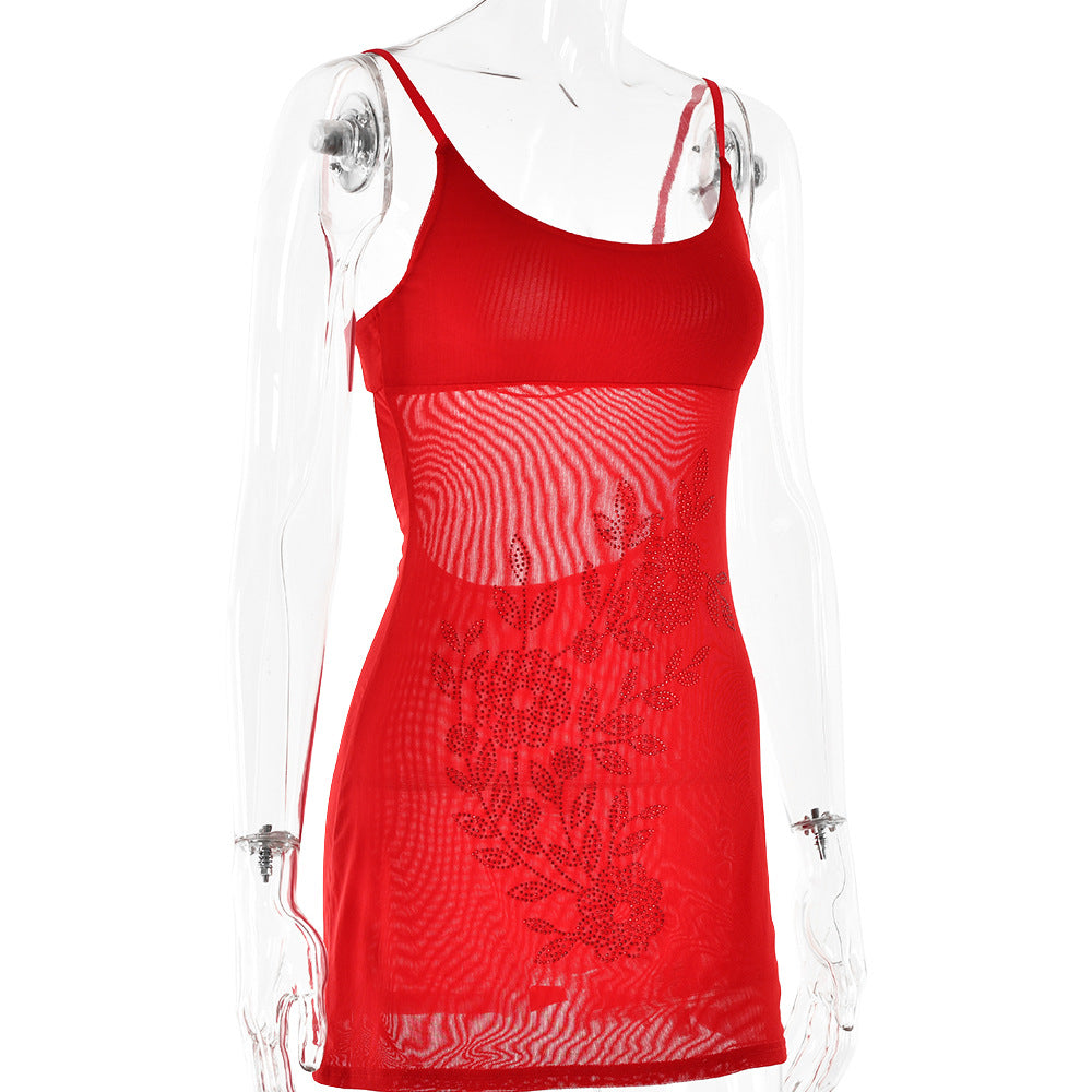 Rhinestone Sexy Suspenders Dress Backless Sleeveless Slim Fit Sexy Hip