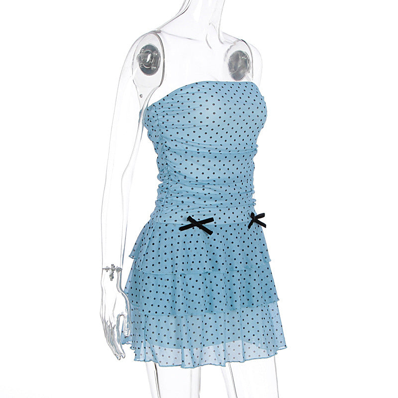 Summer Women Clothing Sexy Polka Dot Bandeau Slim Fit Ruffled Sheath Dress