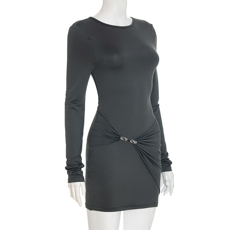 Women Autumn Winter Simple Graceful Slim Sheath Fitted Waist Solid Color Short Dress