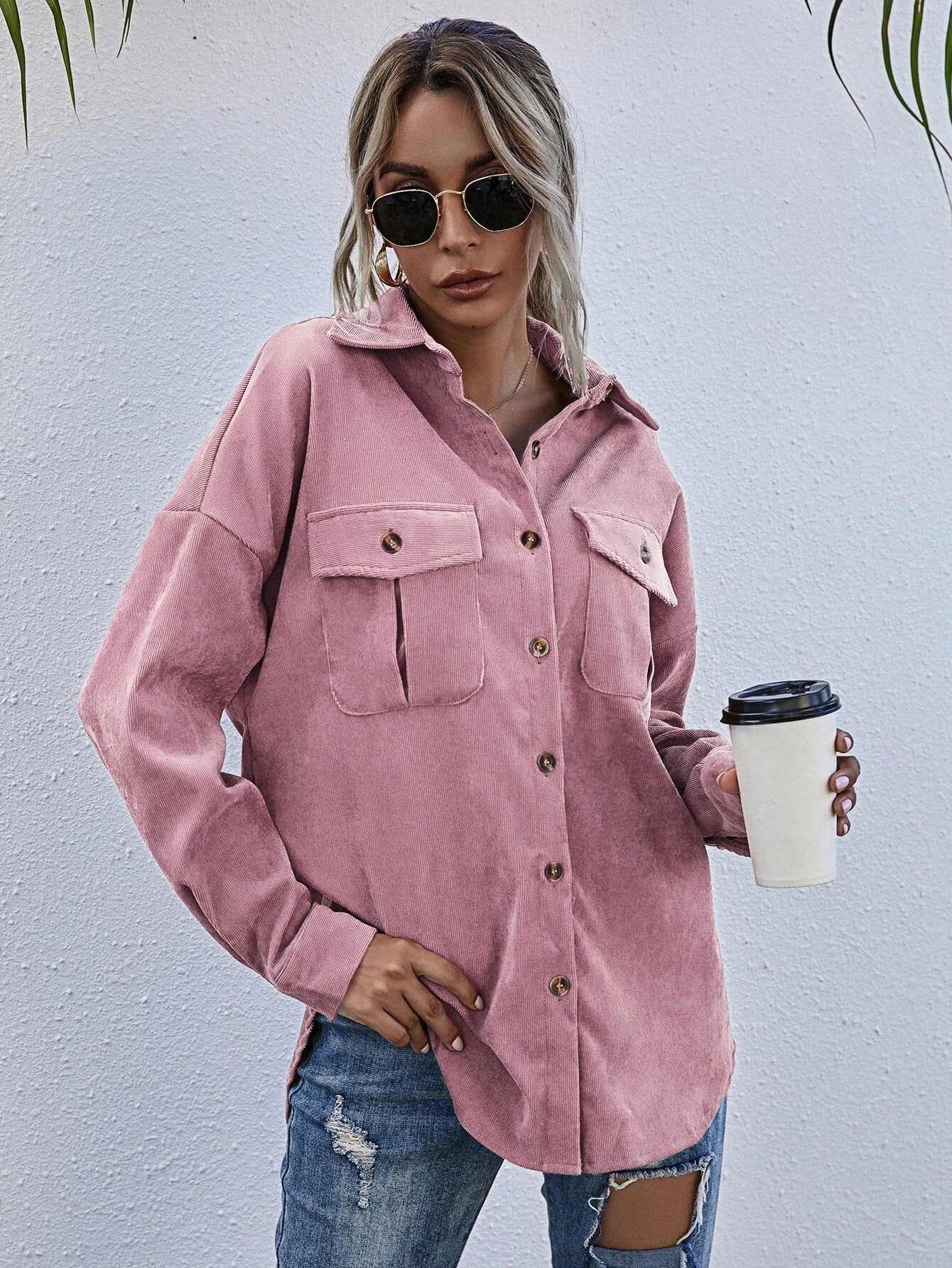 Autumn New Corduroy Shacket Collared Long Sleeve Loose Casual Jacket Women shacket