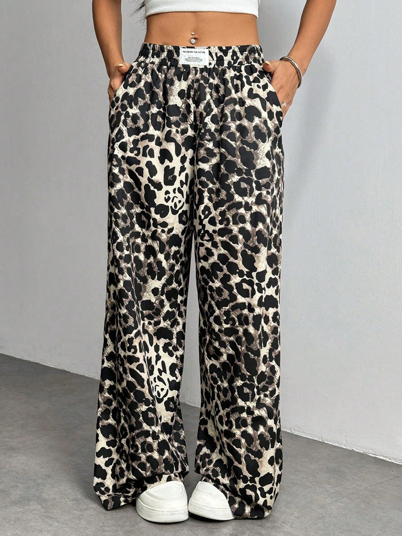 Women Winter Leopard Print Casual Pants Loose Elastic Waist Printed Wide Leg Trousers