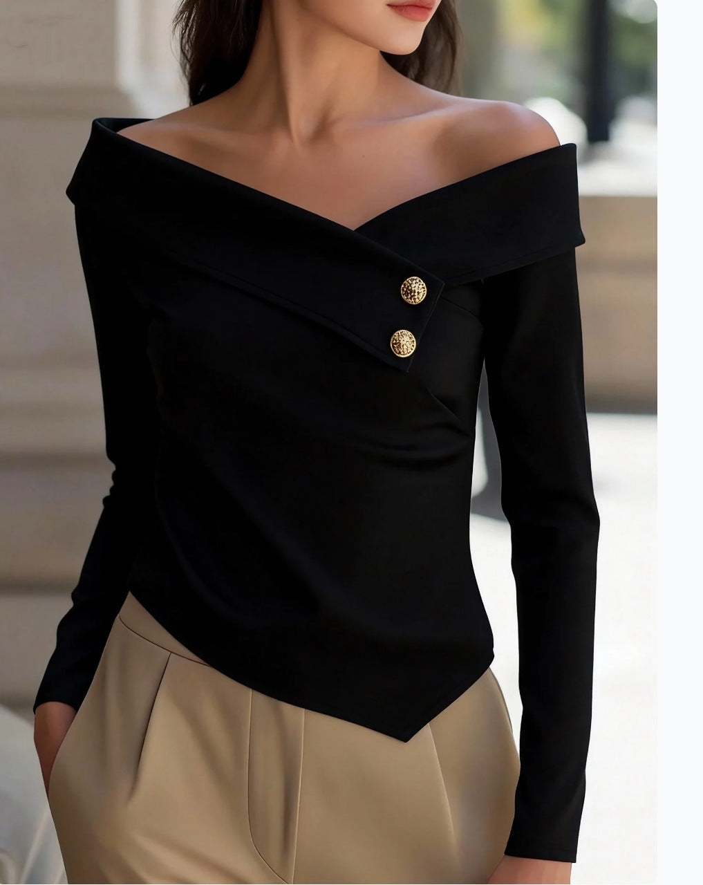 Women Clothing Spring Autumn Elegant Graceful off Shoulder Bottoming Long Sleeve Solid Color