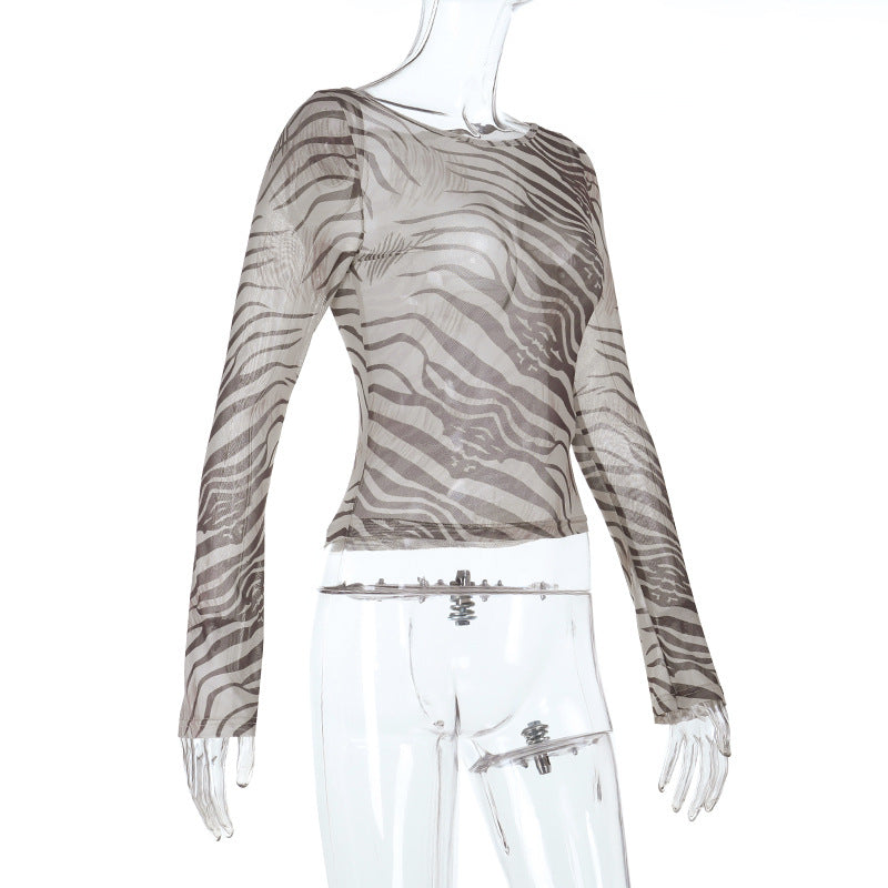 Zebra Print Long-Sleeved Top Women Autumn Sexy See through Sexy Leopard Print T shirt