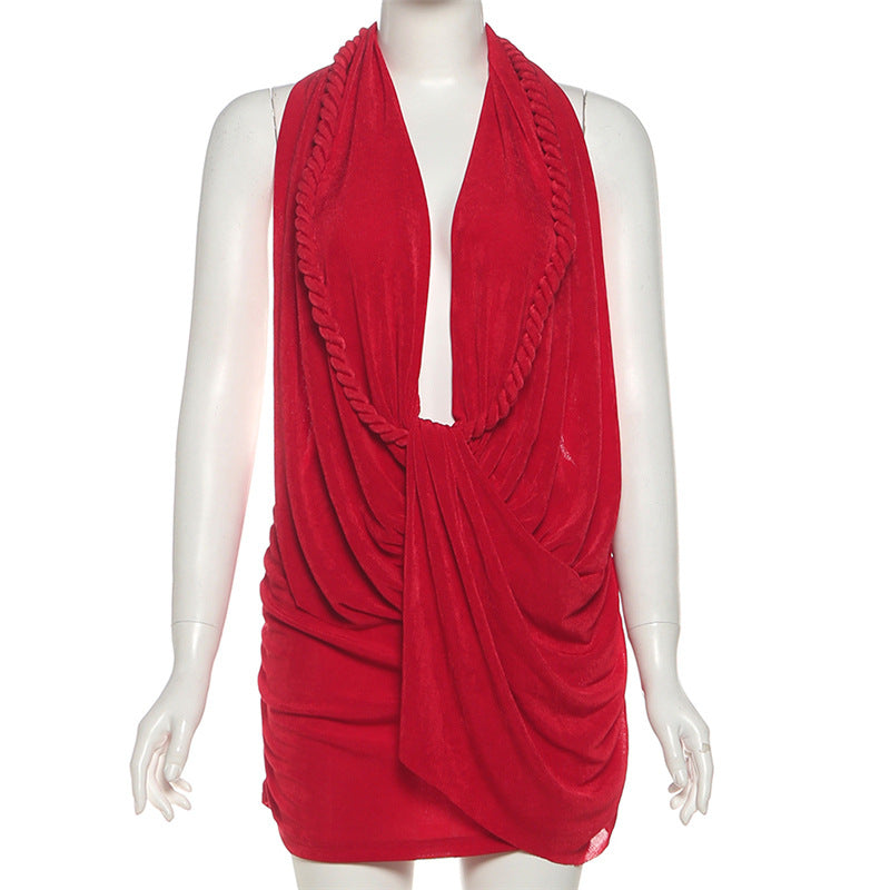 Autumn Winter Women Clothing Sexy Deep V Plunge Halter Backless Hip Solid Color Dress
