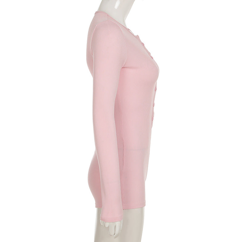 Solid Color Jumpsuit Autumn Slimming Breasted Bottoming Sexy Long Sleeve Romper
