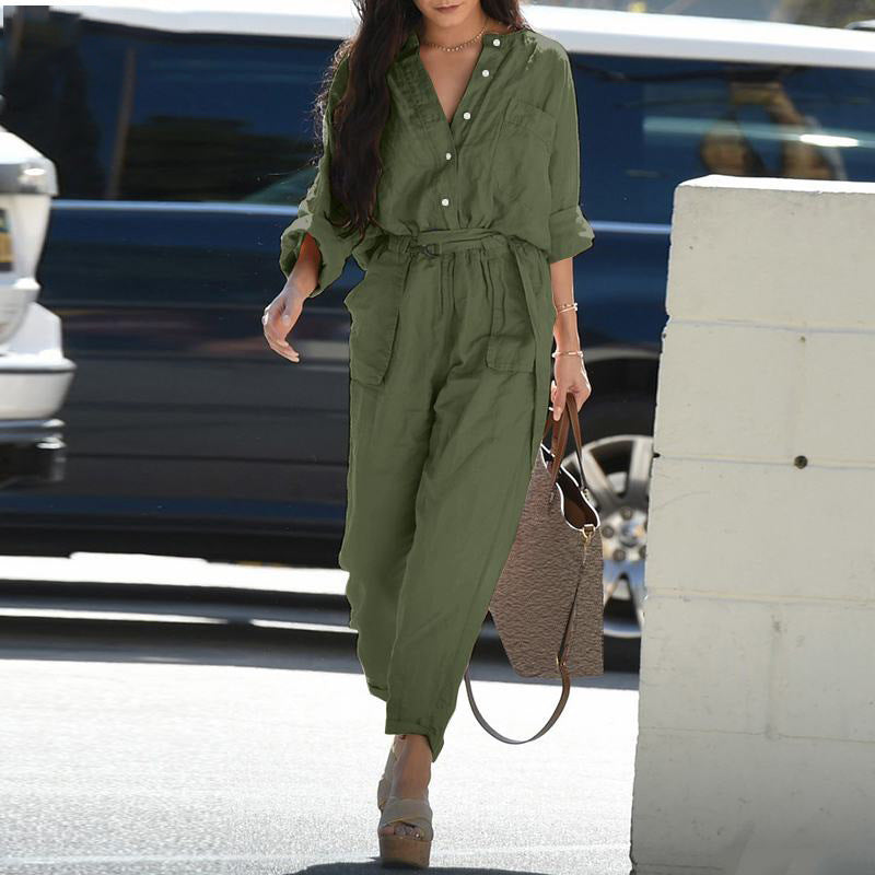 Summer Women Clothing Casual Polo Collar Printing Belt Cargo Overalls