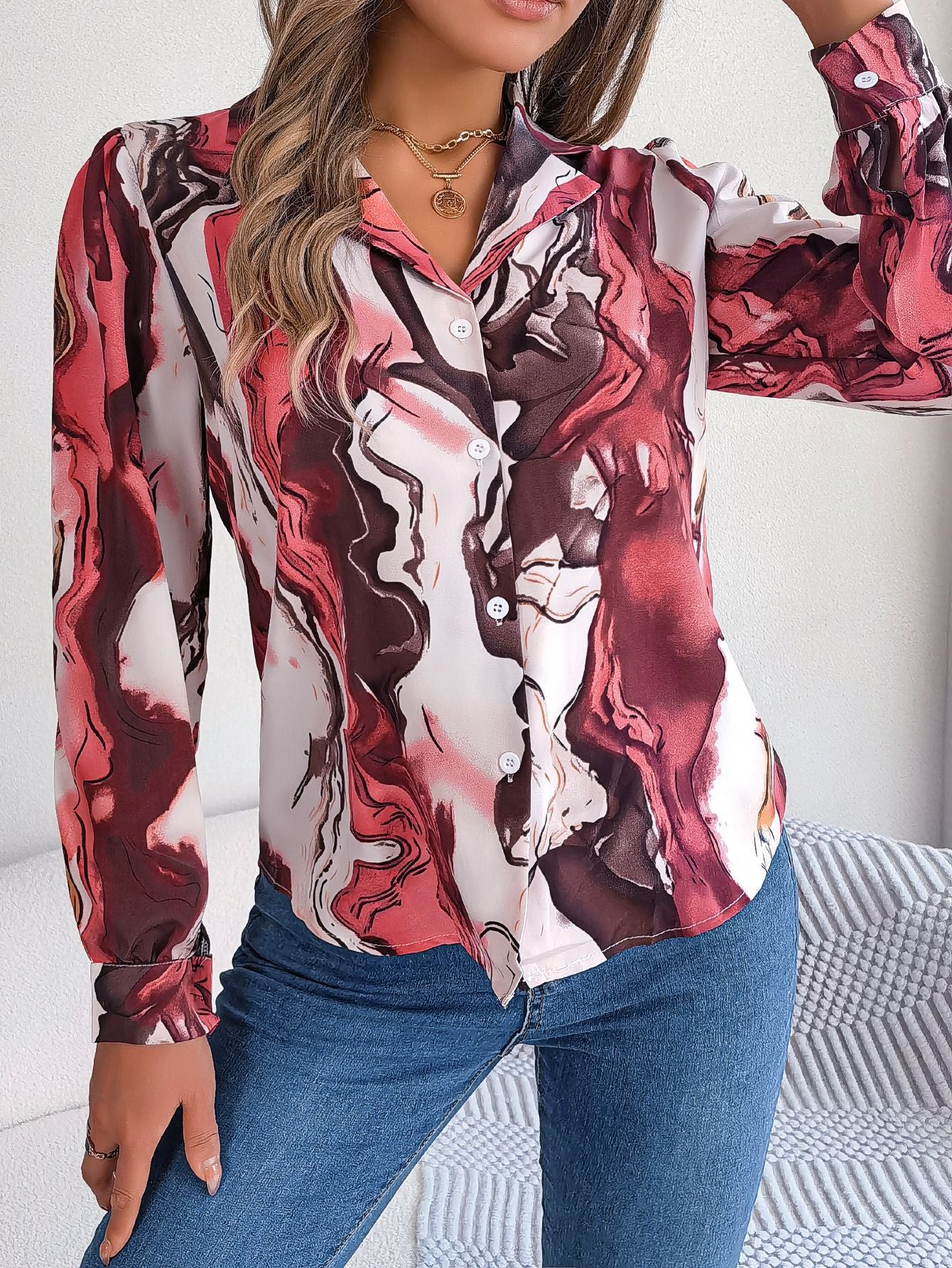 Autumn Winter Casual Contrast Color Striped Collar Long Sleeve Shirt Women Clothing