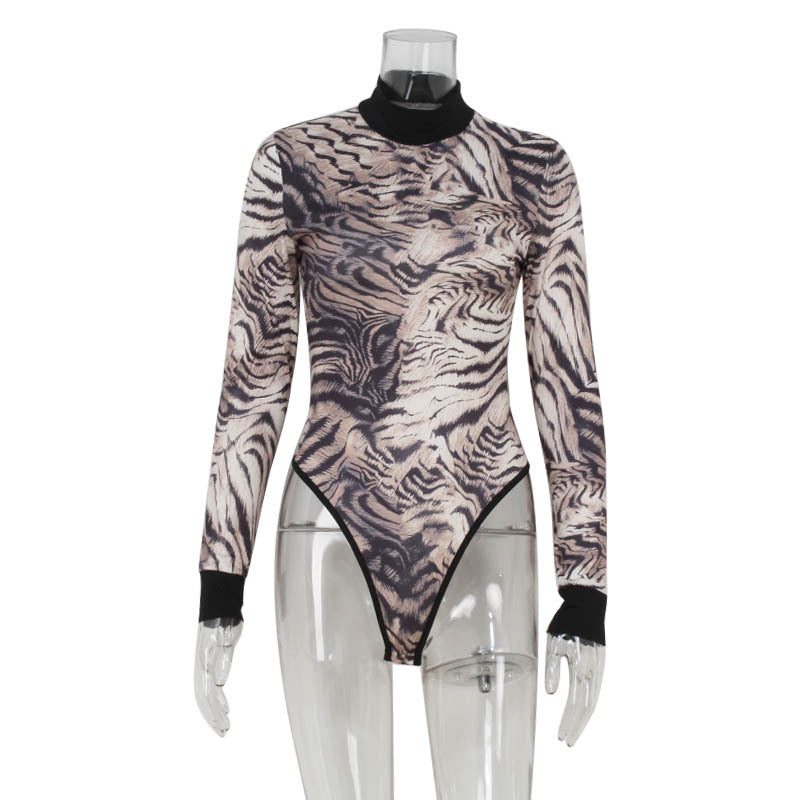Autumn Winter Zebra Print Half High Collar Long Sleeves Jumpsuit Tight Bottoming Shirt Women