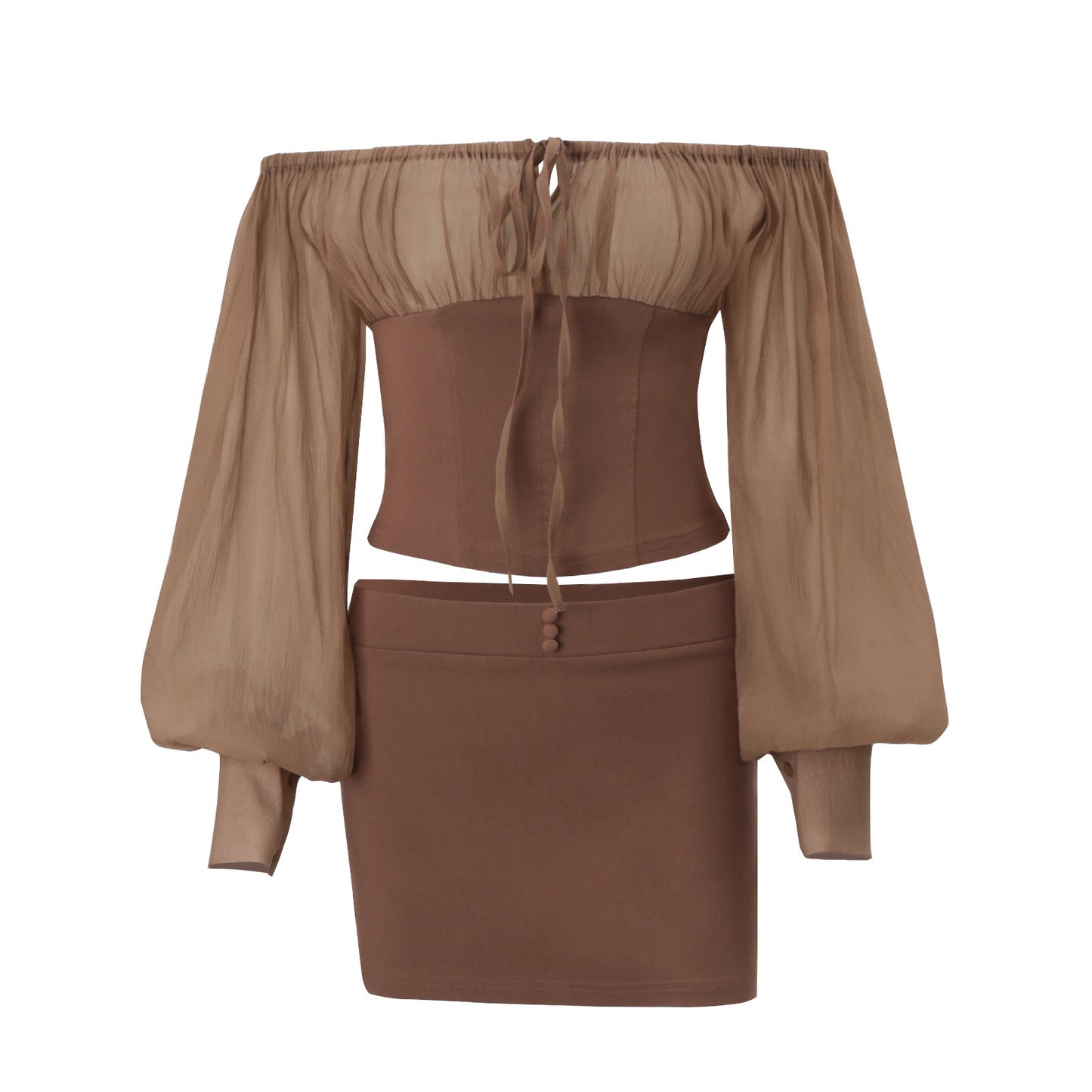 Autumn Sexy off Shoulder Retro Mesh Long Sleeve Top Sheath Skirt Outfit Women