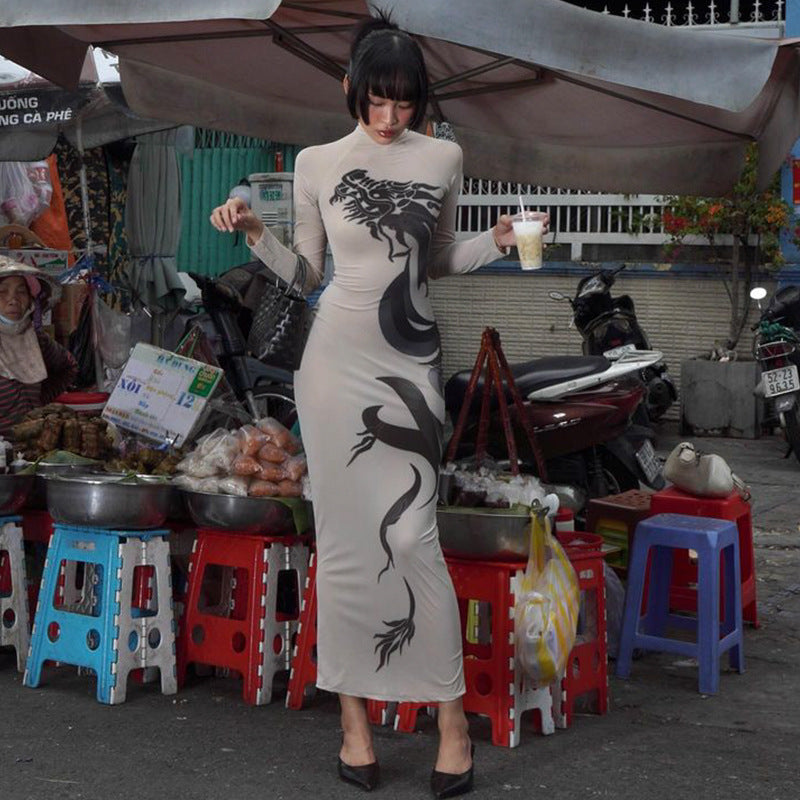 Summer Women Elegant Street Round Neck Long Sleeve Dragon Print Cool Handsome Slim Fit Elegant Hip Dress
