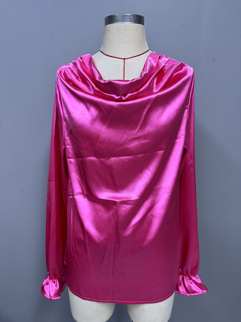 Women Clothing Ruffled Sleeve Satin Shirt Autumn Arrival Long Sleeve Satin Shirt