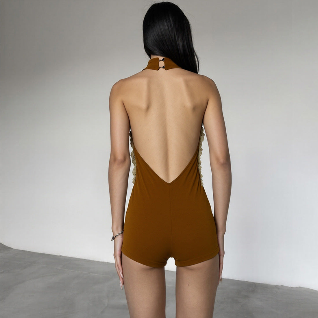 Women Clothing Autumn Winter Sexy Fur Stitching Halter Cut out Backless Jumpsuit