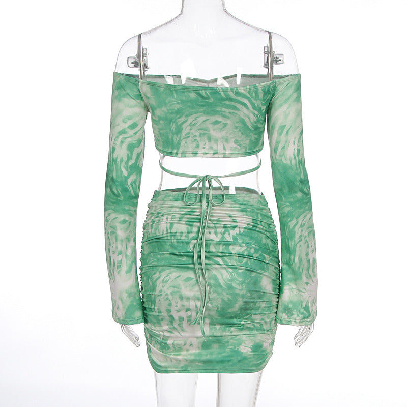 Seaside Holiday Sexy Print off the Neck Long Sleeve Top Sheath Skirt Two Piece Sets